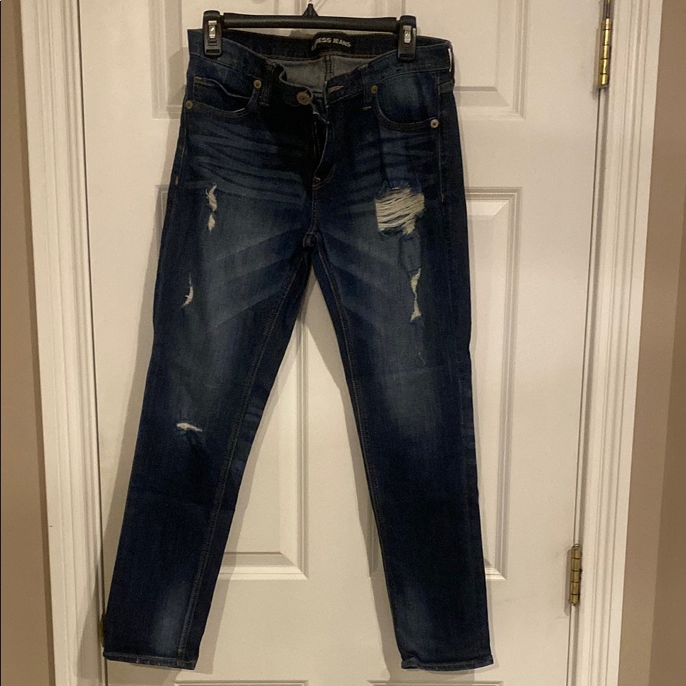 Express Blue Skinny Jeans with Distressed Details
